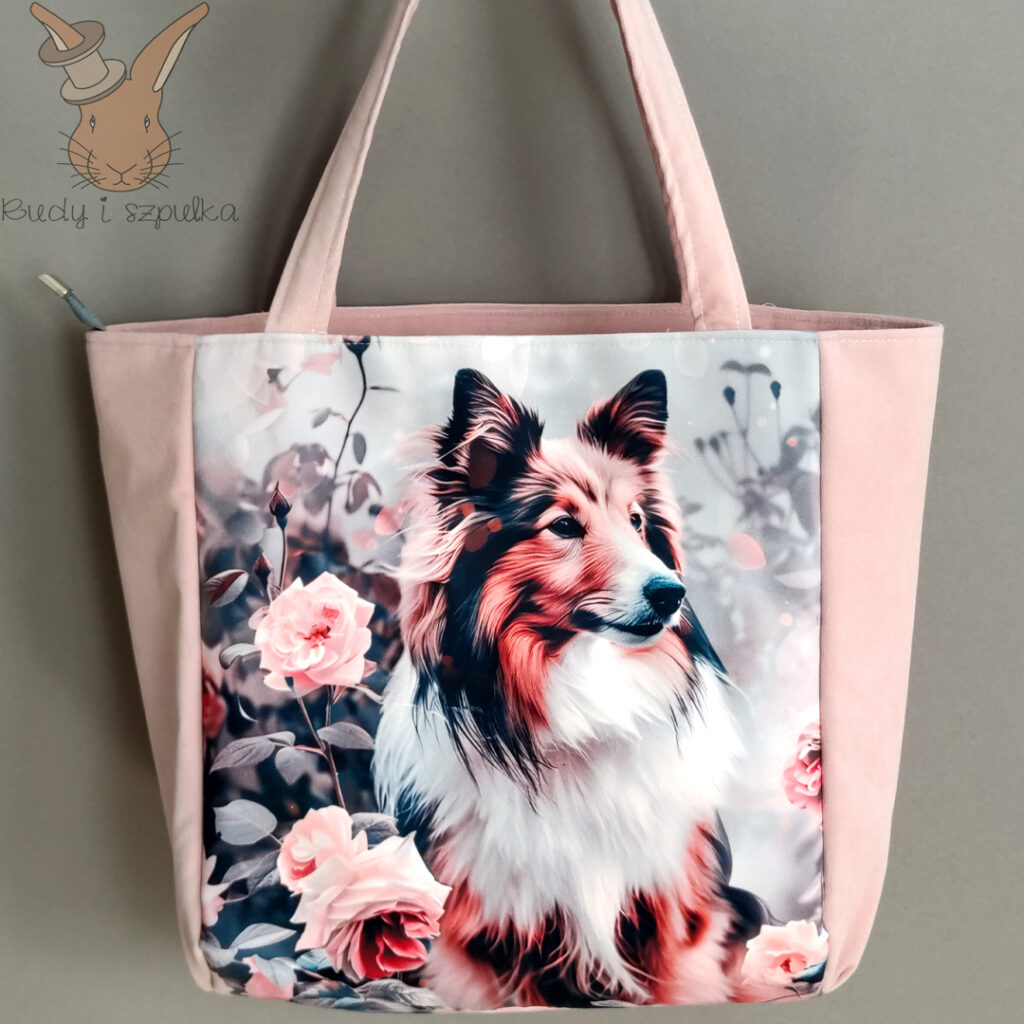 Torebka welurowa z owczarkiem szetlandzkim