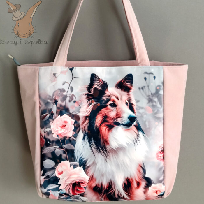 Torebka welurowa z owczarkiem szetlandzkim